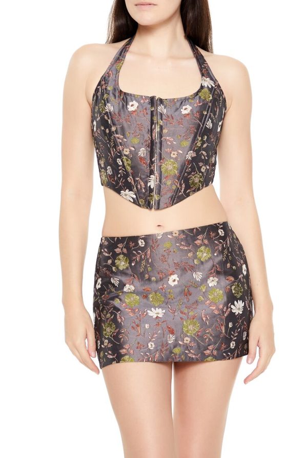 Jacquard Floral Halter Bustier Top
