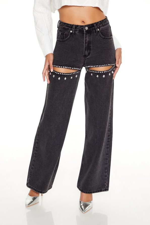 Rhinestone Cutout High-Rise Jeans