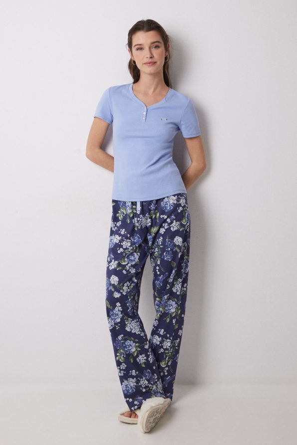 Cotton Ribbed Pajamas With Blue Flowers