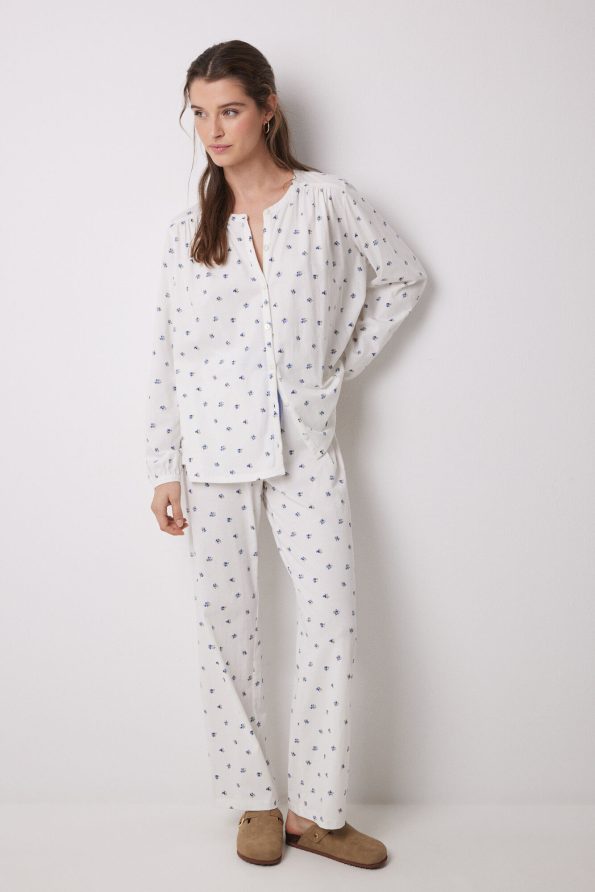 Long Pajamas Cotton White Flowers