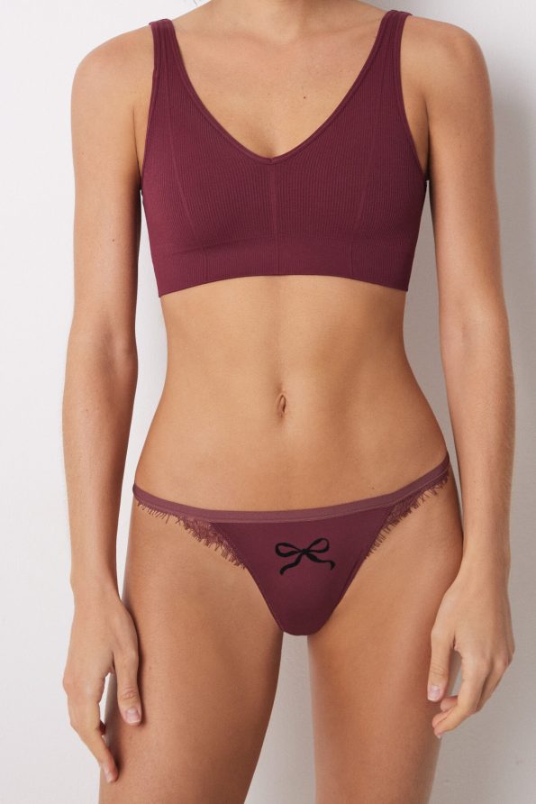 Microfiber Thong With Print And Lace Strap